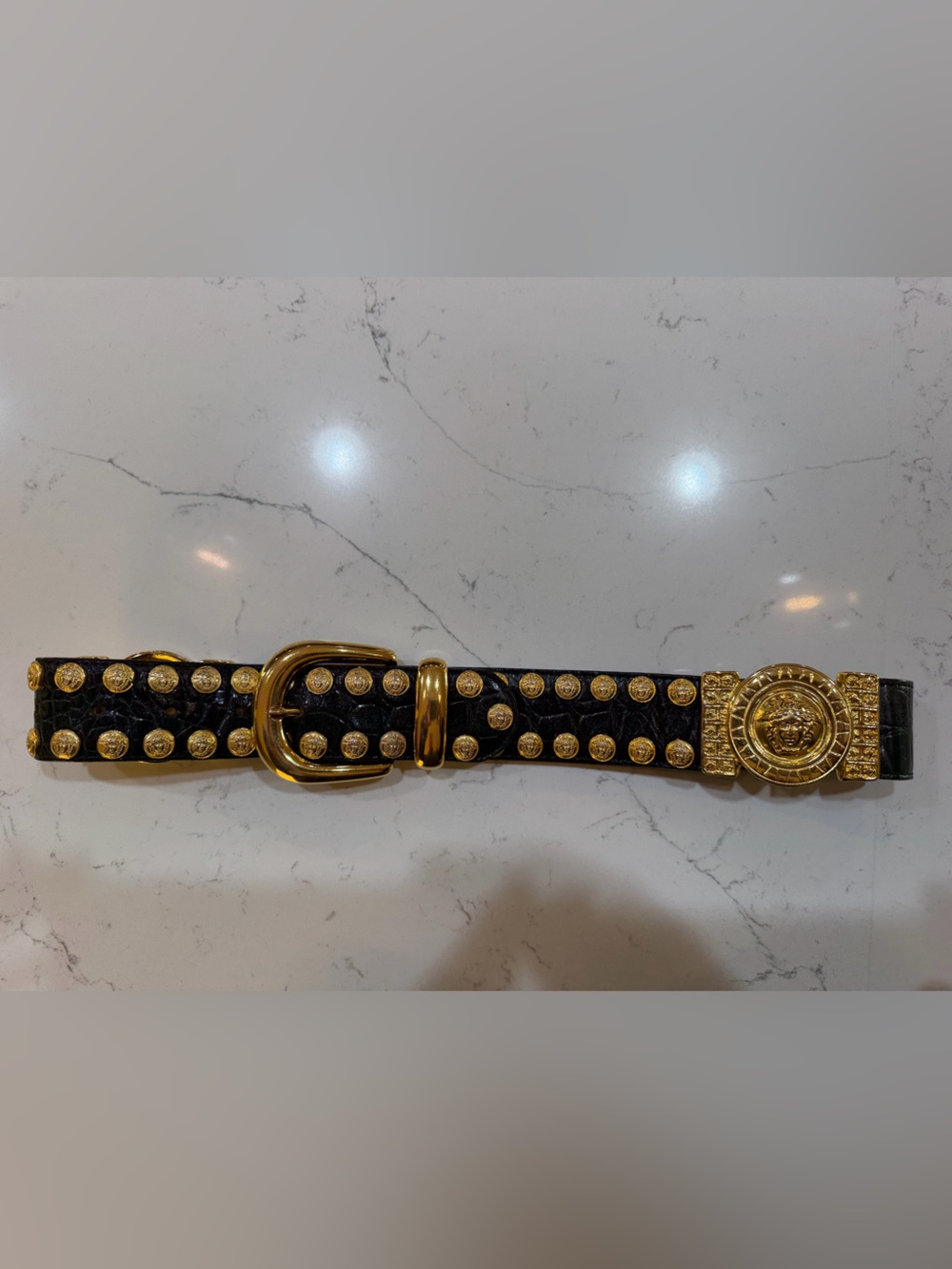 Streets Ahead Vintage Black Leather Belt with Gold Medallion Versace Medusa, S